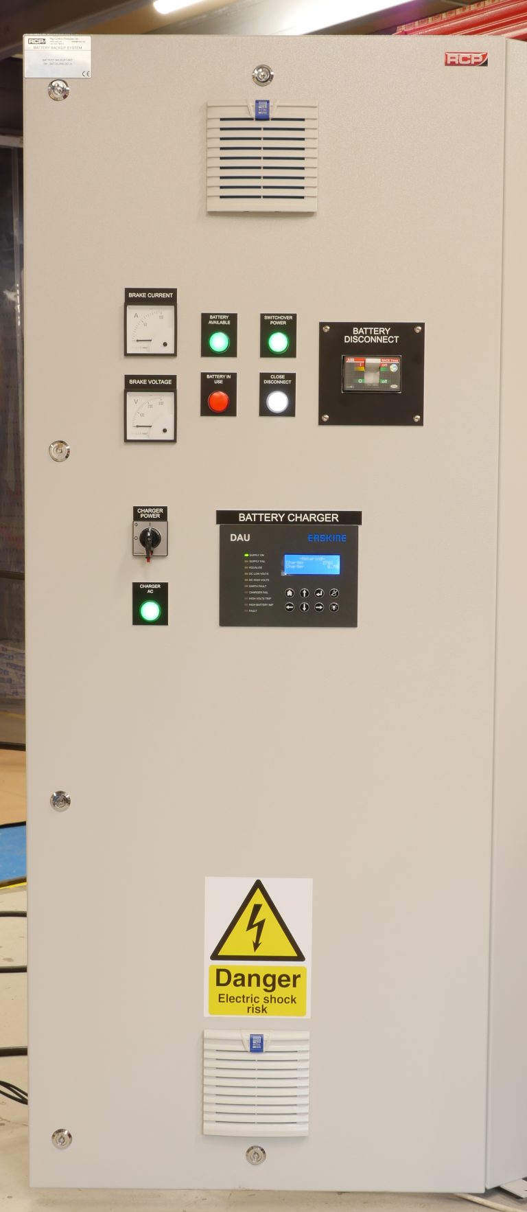 RCP Brake Battery Charger – Panel Faceplate with HMI, Indication and Door mount Isolation