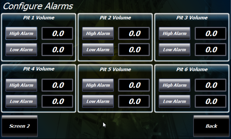 PVT HMI - Alarm Configuration Screen